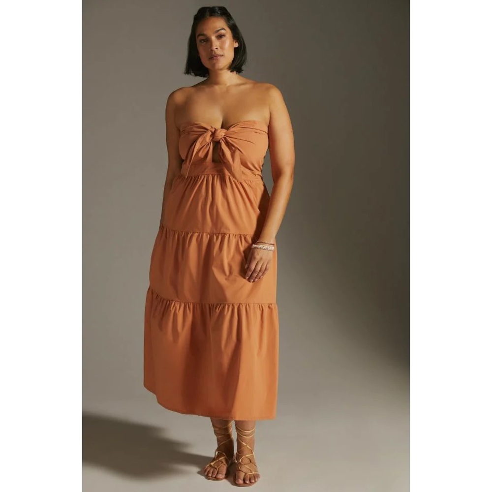 Anthropologie Strapless Tie Front Midi Dress Dark Orange Plus Size 1X